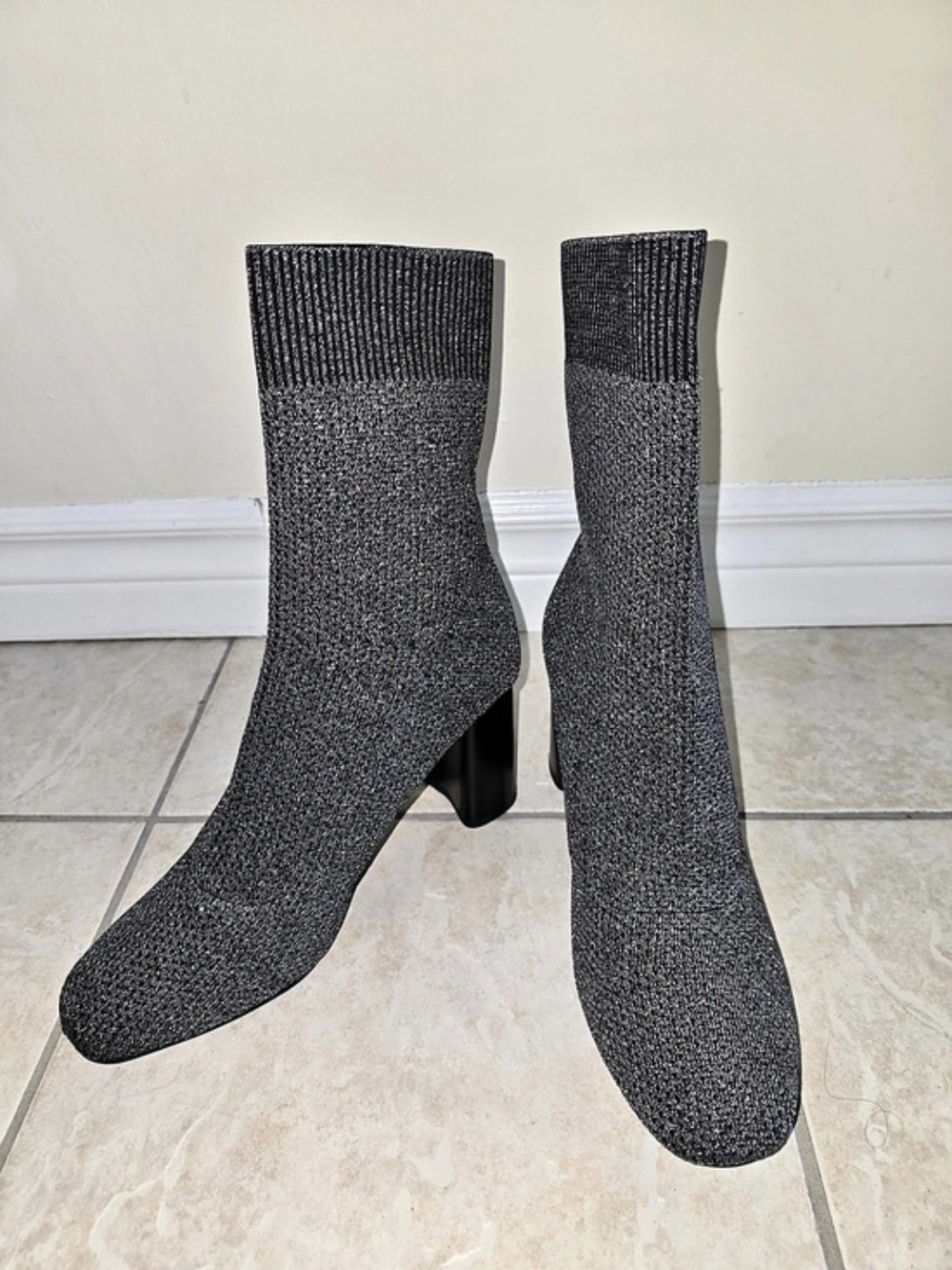 Zara Black Silver Knit Sock Ankle Boots Block Heel 39